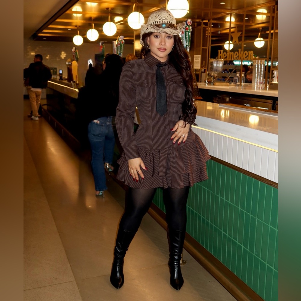 Cider Brown Long-Sleeve Ruffled Mini Dress